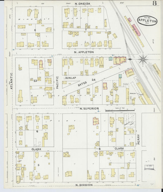 Sanborn Fire Insurance Map from Appleton, Outagamie County, Wisconsin (1891), Sheet #0008 - Historic Sanborn Fire Insurance Map Print, vintage old map wall art, antique decor, genealogy gift, Wisconsin Wisconsin map