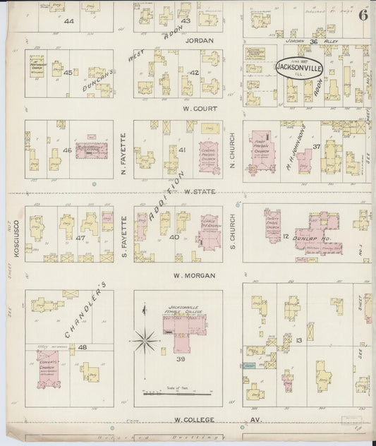 Sanborn Fire Insurance Map from Jacksonville, Morgan County, Illinois (1887), Sheet #0006 - Historic Sanborn Fire Insurance Map Print, vintage old map wall art, antique decor, genealogy gift, Illinois Illinois map