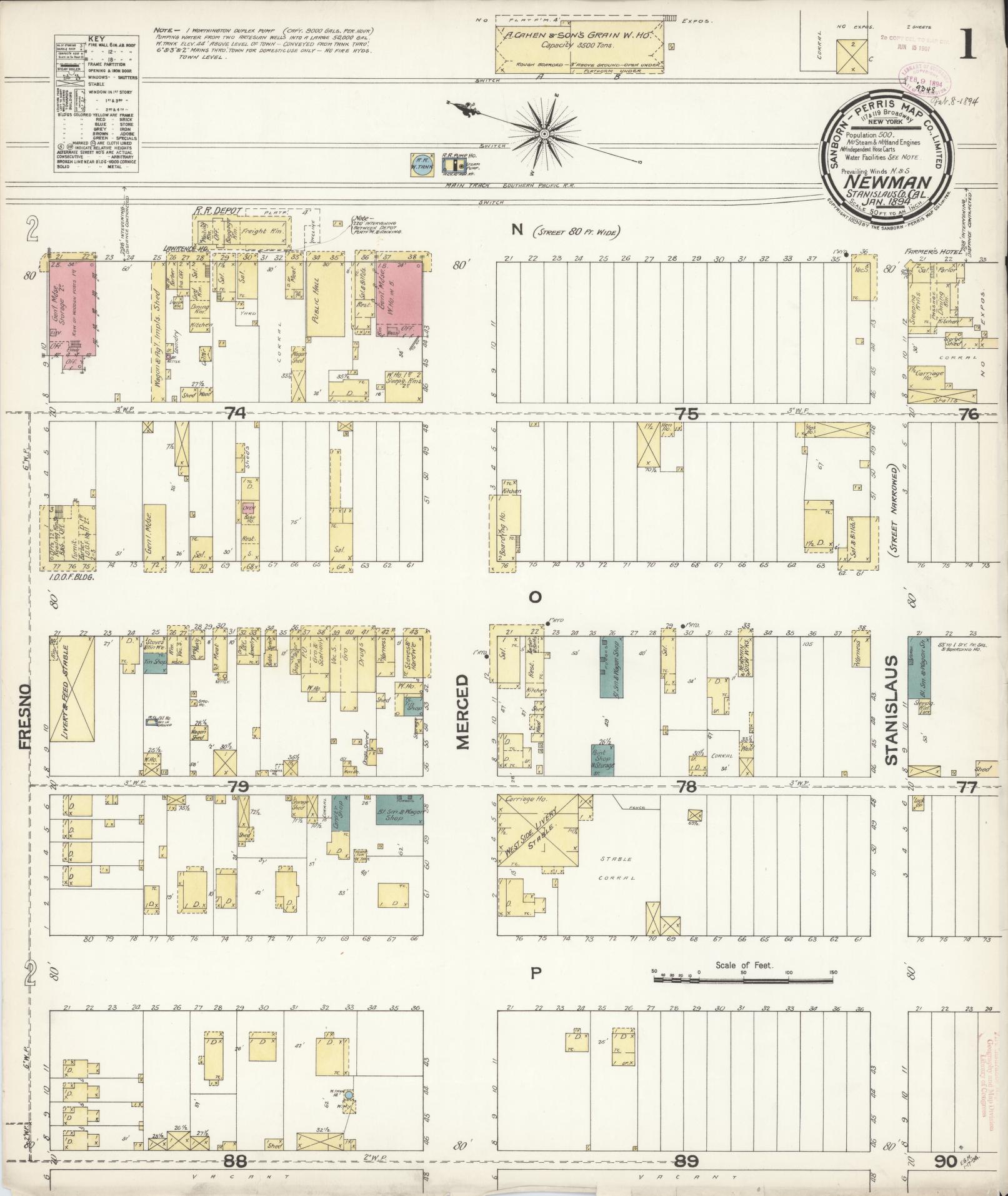 Sanborn Fire Insurance Map from Newman, Stanislaus County, California (1894), Sheet #0001 - Complete Map Set gallery image, historic Sanborn map, vintage wall art, California California