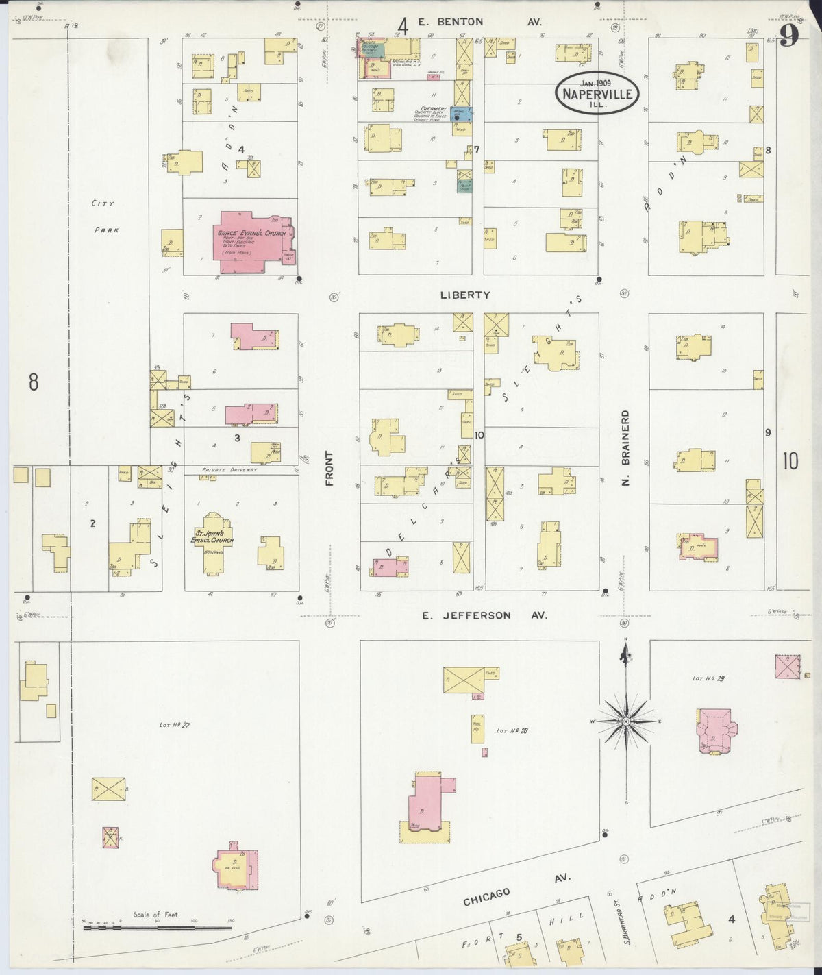 Sanborn Fire Insurance Map from Naperville, Du Page County, Illinois (1909), Sheet #0009 - Complete Map Set gallery image, historic Sanborn map, vintage wall art, Illinois Illinois