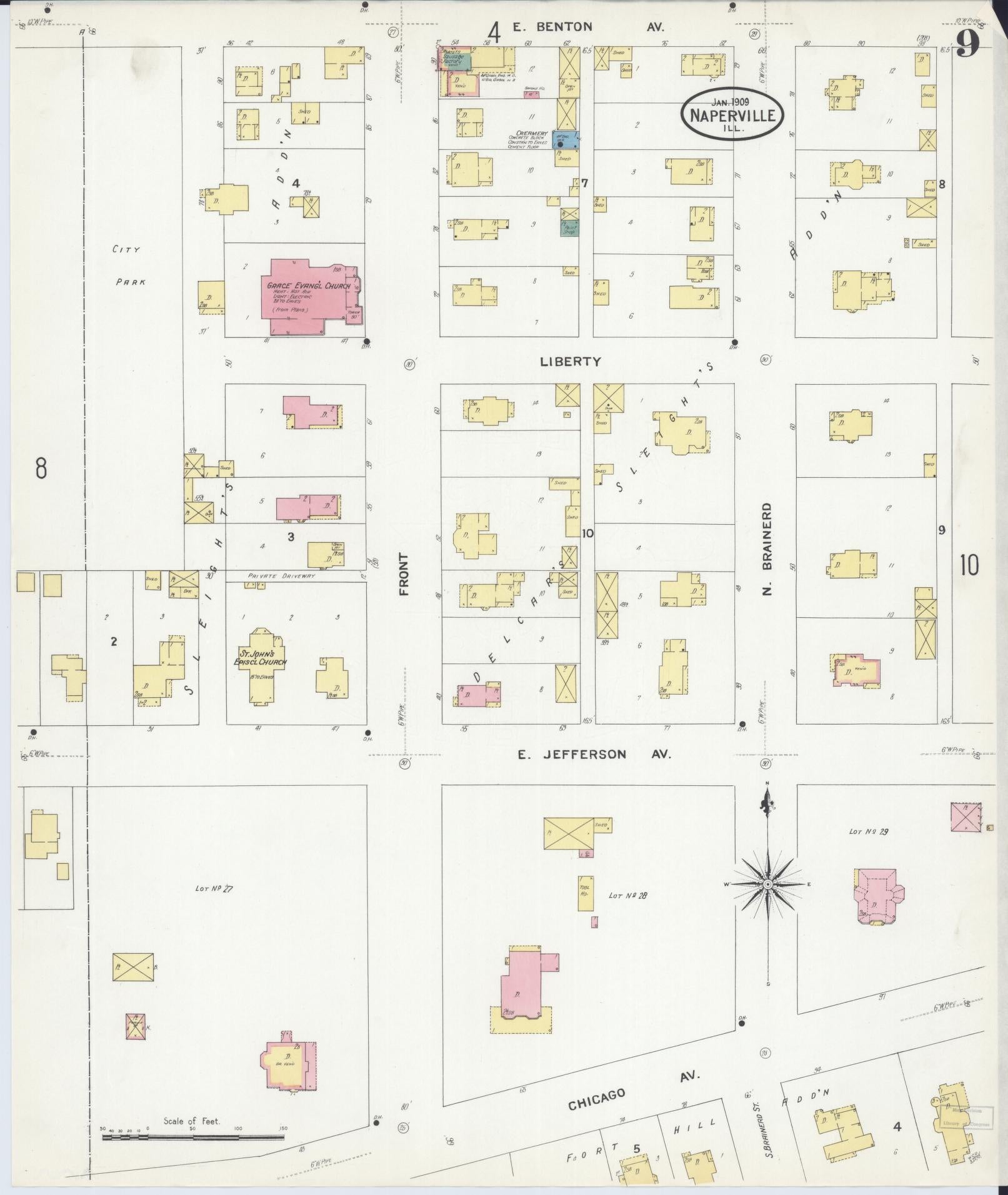 Sanborn Fire Insurance Map from Naperville, Du Page County, Illinois (1909), Sheet #0009 - Complete Map Set gallery image, historic Sanborn map, vintage wall art, Illinois Illinois