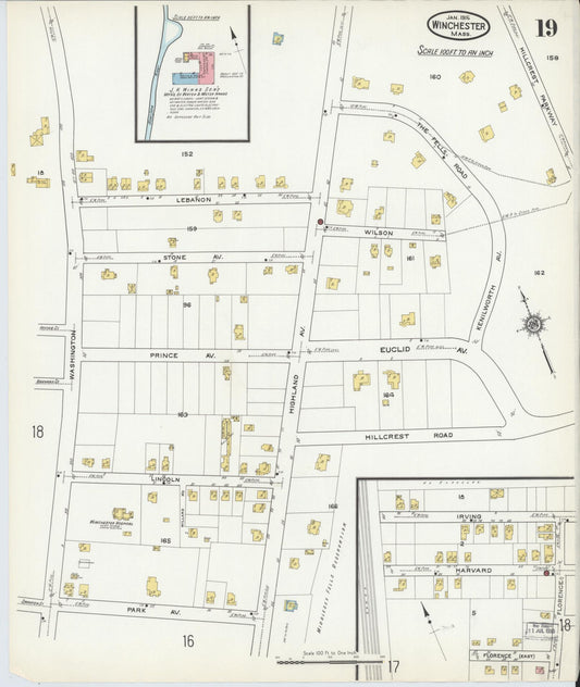 Sanborn Fire Insurance Map from Winchester, Middlesex County, Massachusetts (1916), Sheet #0019 - Historic Sanborn Fire Insurance Map Print, vintage old map wall art, antique decor, genealogy gift, Massachusetts Massachusetts map