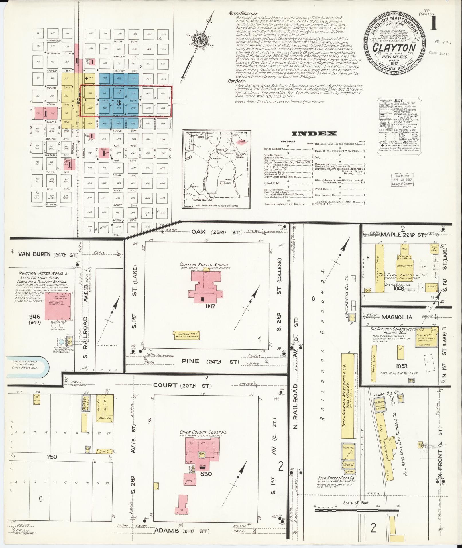 Sanborn Fire Insurance Map from Clayton, Union County, New Mexico (1917), Sheet #0001 - Historic Sanborn Fire Insurance Map Print, vintage old map wall art, antique decor, genealogy gift, New Mexico New Mexico map