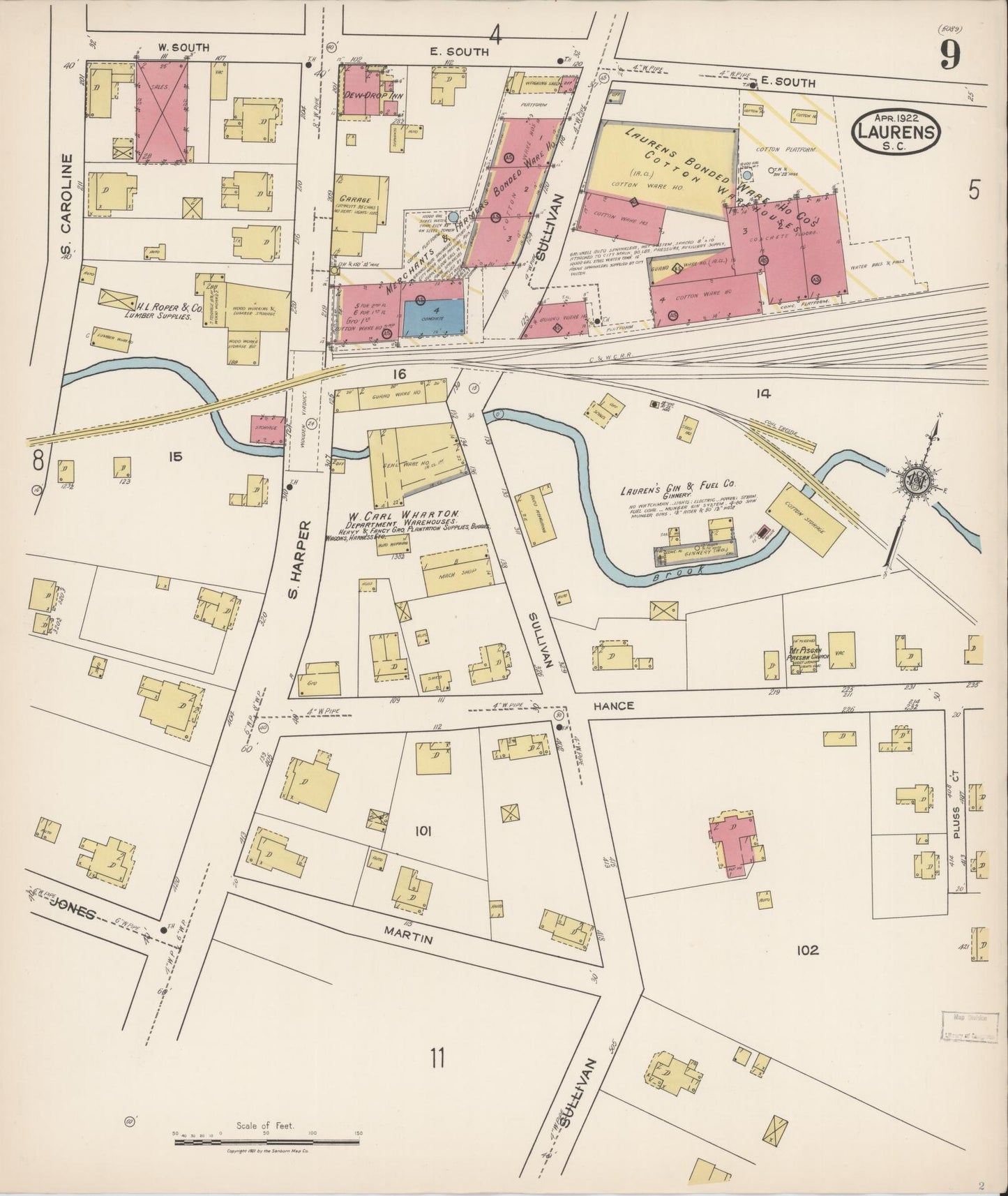 Sanborn Fire Insurance Map from Laurens, Laurens County, South Carolina (1922), Sheet #0009 - Complete Map Set gallery image, historic Sanborn map, vintage wall art, South Carolina South Carolina