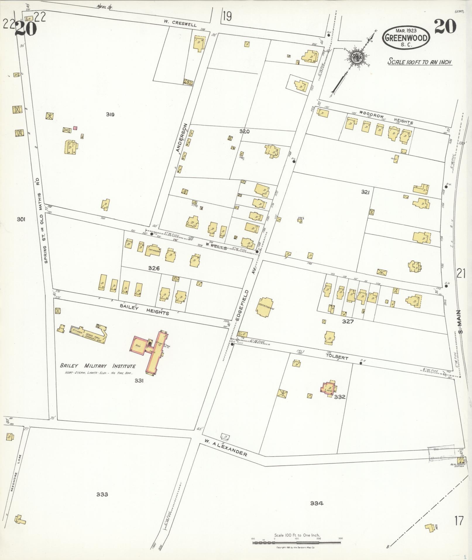 Sanborn Fire Insurance Map from Greenwood, Greenwood County, South Carolina (1923), Sheet #0020 - Historic Sanborn Fire Insurance Map Print, vintage old map wall art, antique decor, genealogy gift, South Carolina South Carolina map