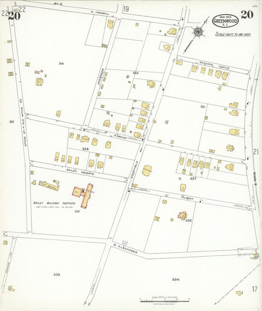 Sanborn Fire Insurance Map from Greenwood, Greenwood County, South Carolina (1923), Sheet #0020 - Historic Sanborn Fire Insurance Map Print, vintage old map wall art, antique decor, genealogy gift, South Carolina South Carolina map