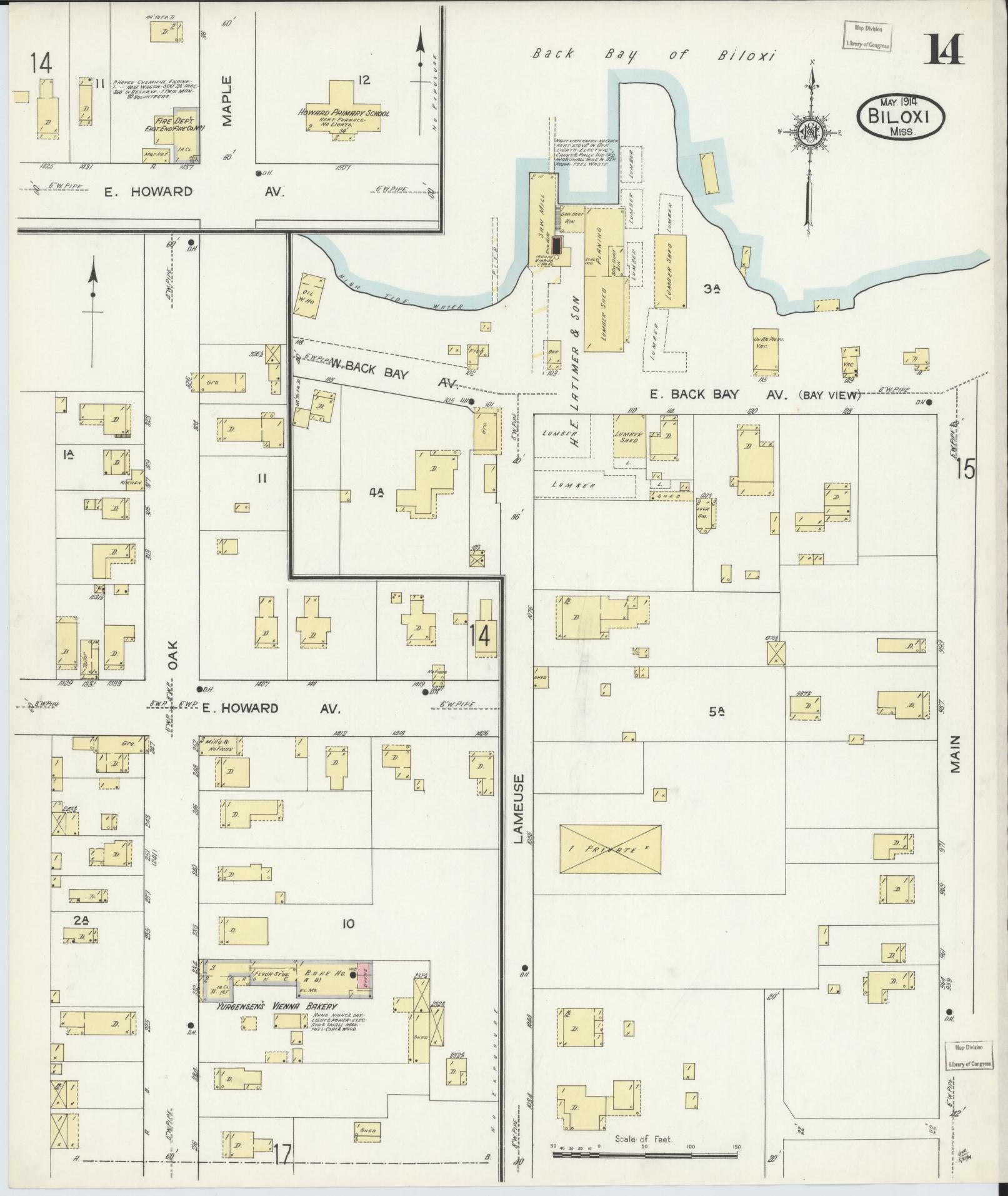 Sanborn Fire Insurance Map from Biloxi, Harrison County, Mississippi (1914), Sheet #0014 - Complete Map Set gallery image, historic Sanborn map, vintage wall art, Mississippi Mississippi