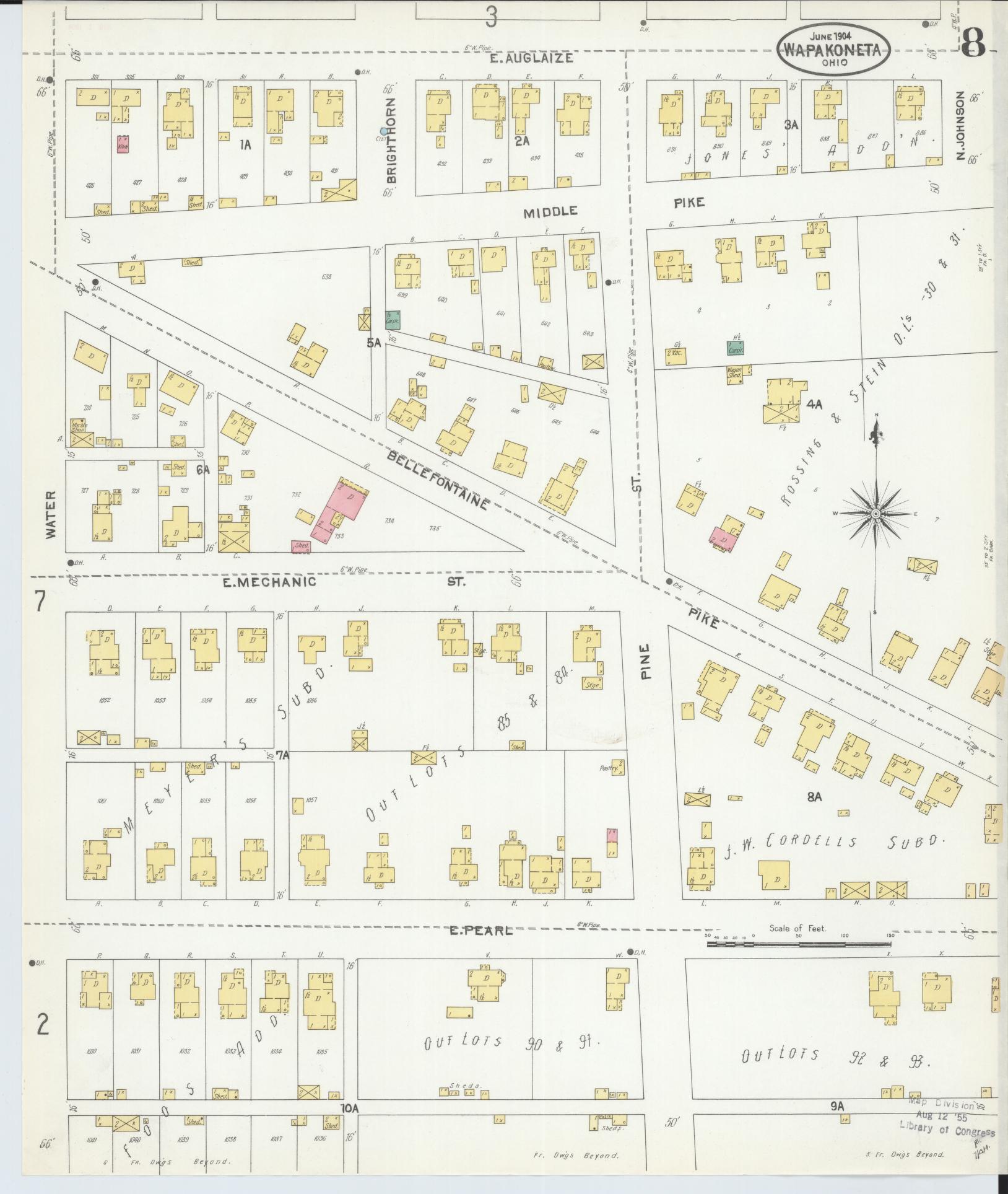 Sanborn Fire Insurance Map from Wapakoneta, Auglaize County, Ohio (1904), Sheet #0008 - Complete Map Set gallery image, historic Sanborn map, vintage wall art, Ohio Ohio