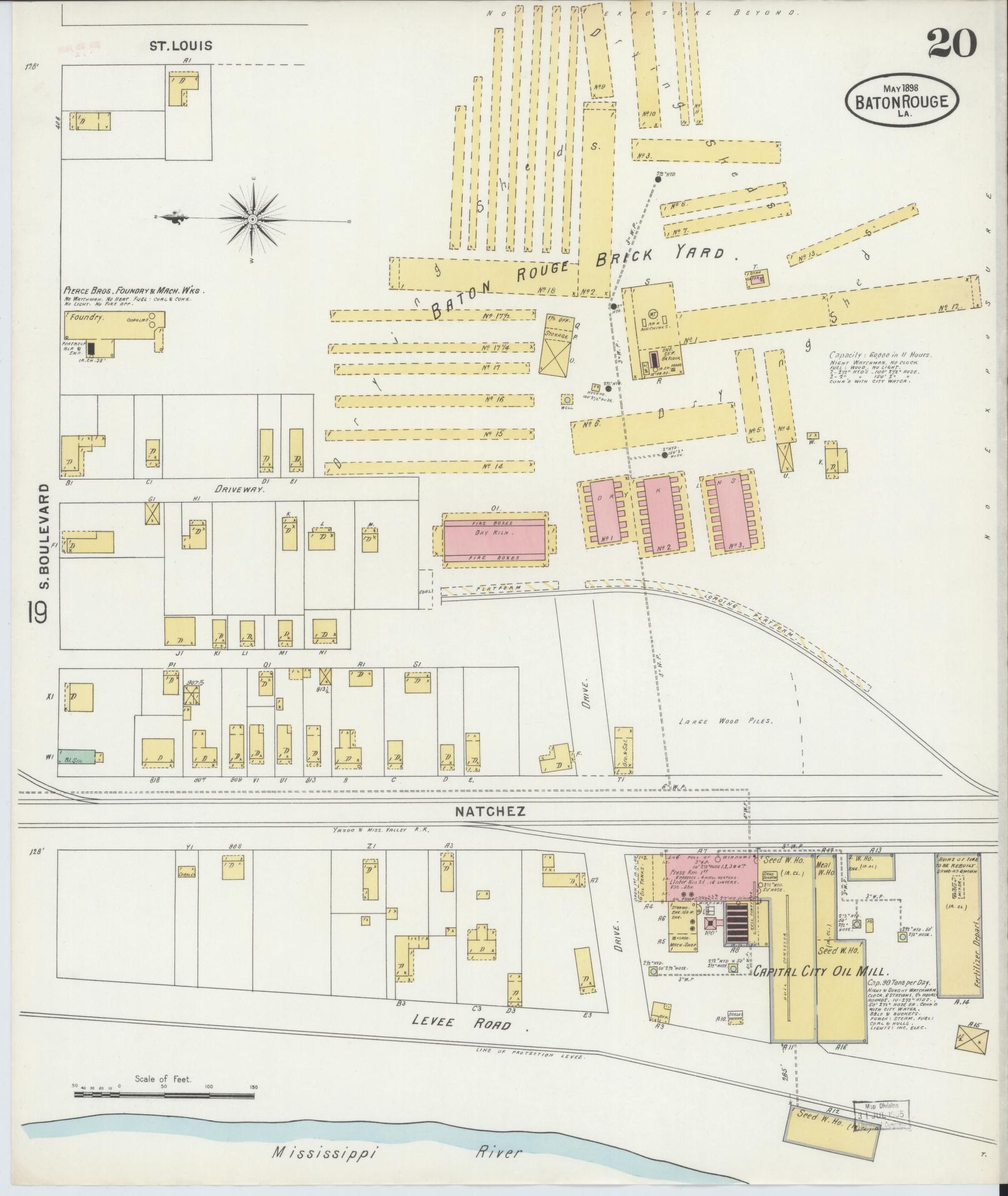 Sanborn Fire Insurance Map from Baton Rouge, East Baton Rouge Parish, Louisiana (1898), Sheet #0020 - Complete Map Set gallery image, historic Sanborn map, vintage wall art, Louisiana Louisiana