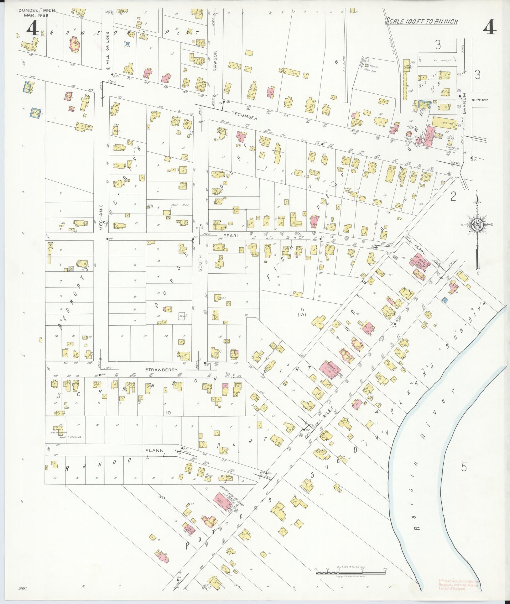Sanborn Fire Insurance Map from Dundee, Monroe County, Michigan (1938), Sheet #0004 - Historic Sanborn Fire Insurance Map Print, vintage old map wall art, antique decor, genealogy gift, Michigan Michigan map