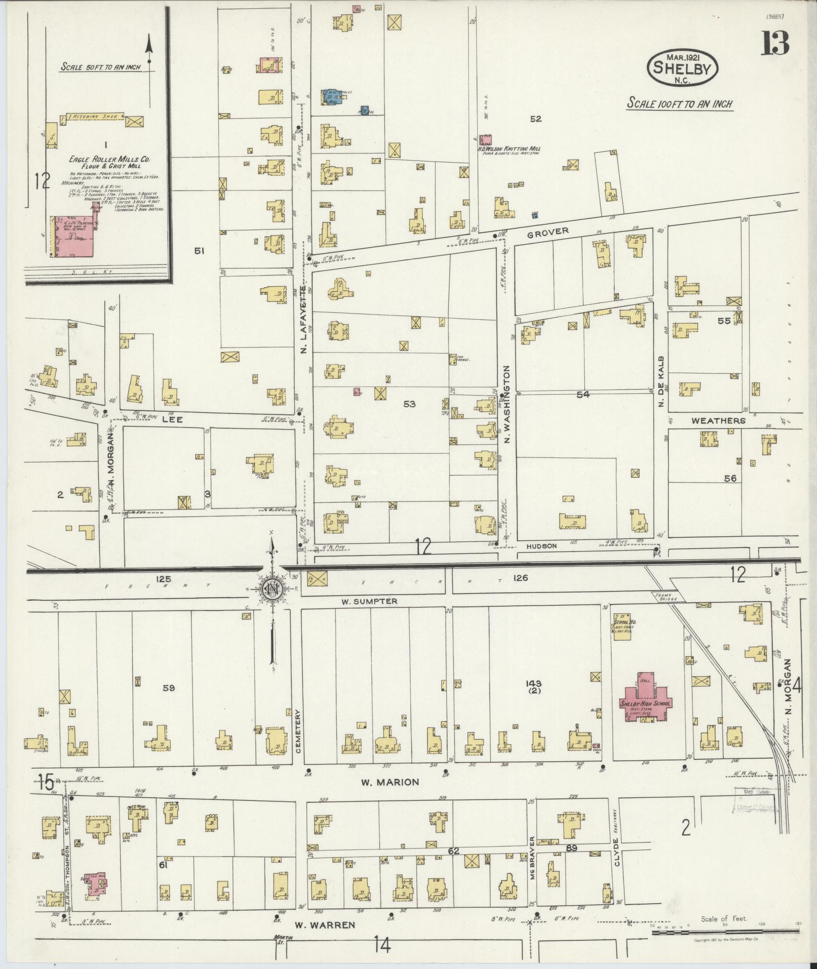 Sanborn Fire Insurance Map from Shelby, Cleveland County, North Carolina (1921), Sheet #0013 - Historic Sanborn Fire Insurance Map Print, vintage old map wall art, antique decor, genealogy gift, North Carolina North Carolina map