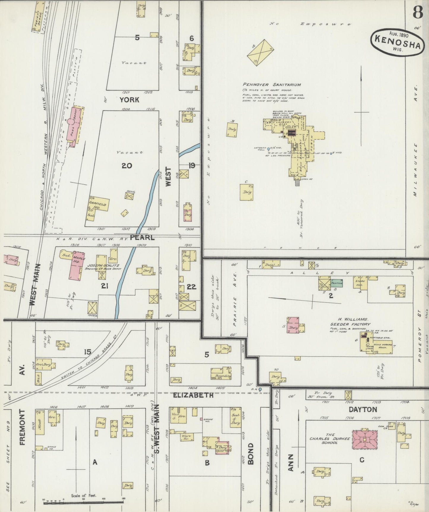 Sanborn Fire Insurance Map from Kenosha, Kenosha County, Wisconsin (1890), Sheet #0008 - Historic Sanborn Fire Insurance Map Print, vintage old map wall art, antique decor, genealogy gift, Wisconsin Wisconsin map