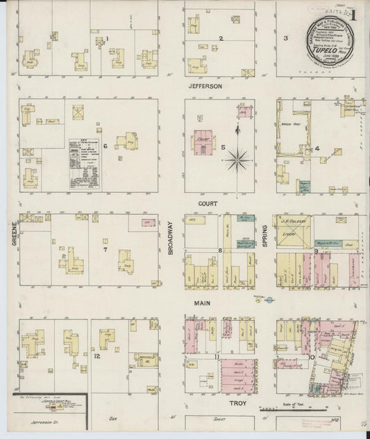 Sanborn Fire Insurance Map from Tupelo, Lee County, Mississippi (1889), Sheet #0001 - Complete Map Set gallery image, historic Sanborn map, vintage wall art, Mississippi Mississippi