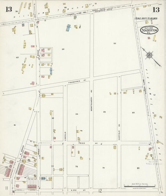 Sanborn Fire Insurance Map from Souderton, Montgomery County, Pennsylvania (1924), Sheet #0013 - Historic Sanborn Fire Insurance Map Print, vintage old map wall art, antique decor, genealogy gift, Pennsylvania Pennsylvania map