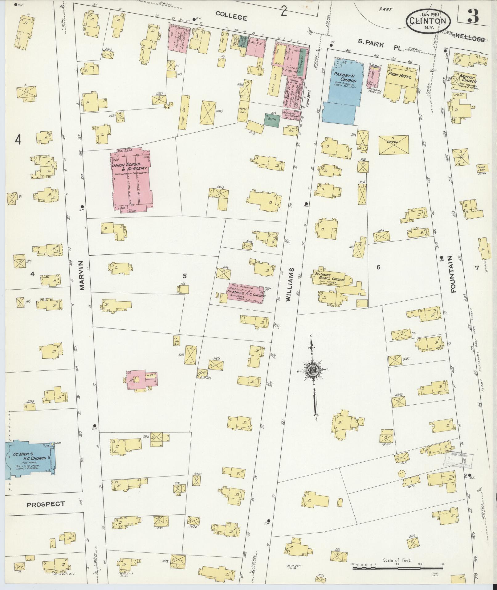 Sanborn Fire Insurance Map from Clinton, Oneida County, New York (1910), Sheet #0003 - Historic Sanborn Fire Insurance Map Print, vintage old map wall art, antique decor, genealogy gift, New York New York map