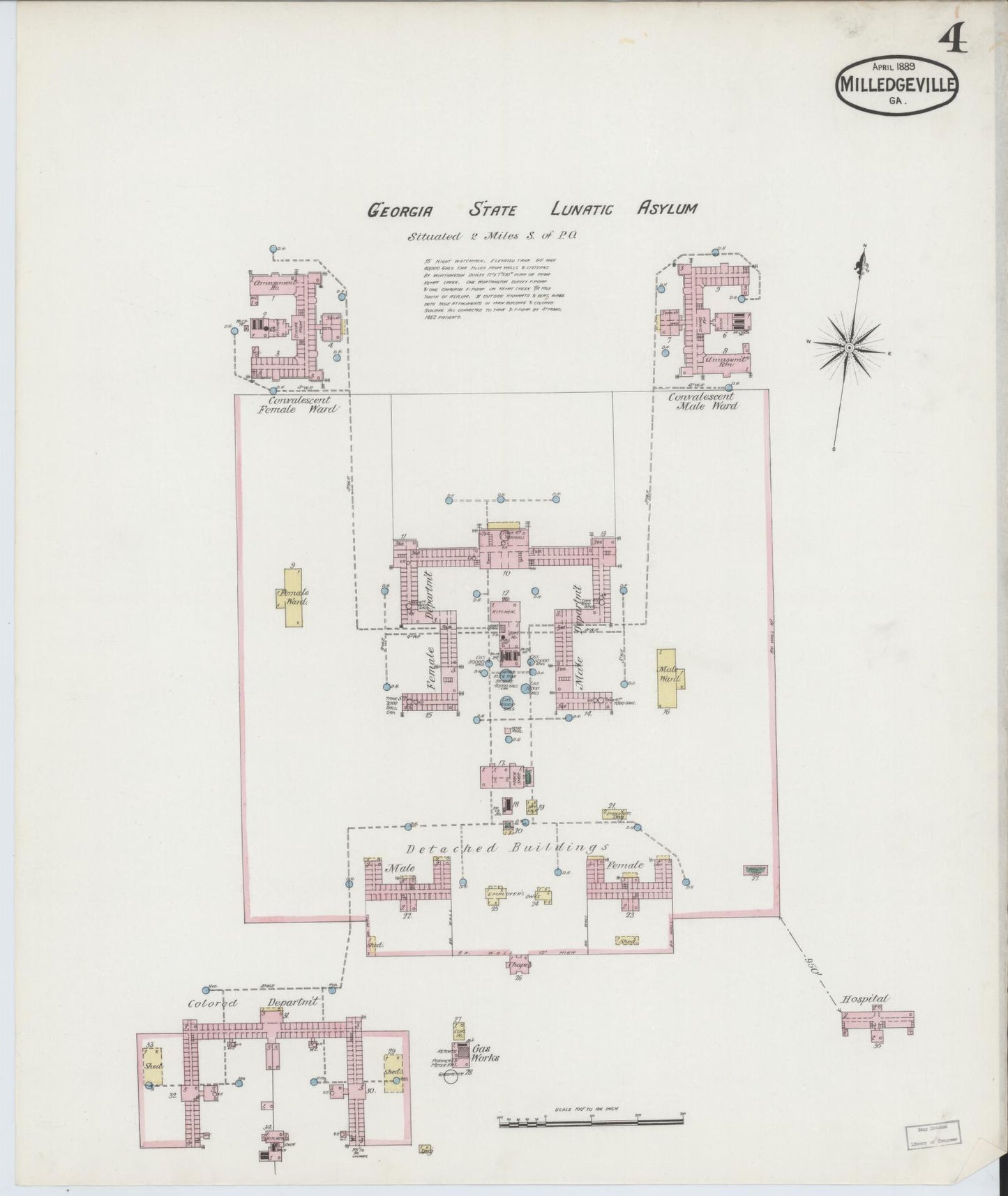 Sanborn Fire Insurance Map from Milledgeville, Baldwin County, Georgia (1889), Sheet #0004 - Historic Sanborn Fire Insurance Map Print, vintage old map wall art, antique decor, genealogy gift, Georgia Georgia map