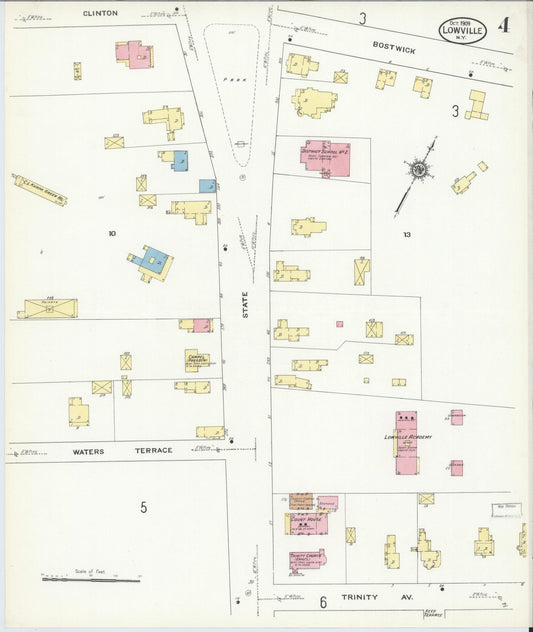 Sanborn Fire Insurance Map from Lowville, Lewis County, New York (1909), Sheet #0004 - Historic Sanborn Fire Insurance Map Print, vintage old map wall art, antique decor, genealogy gift, New York New York map