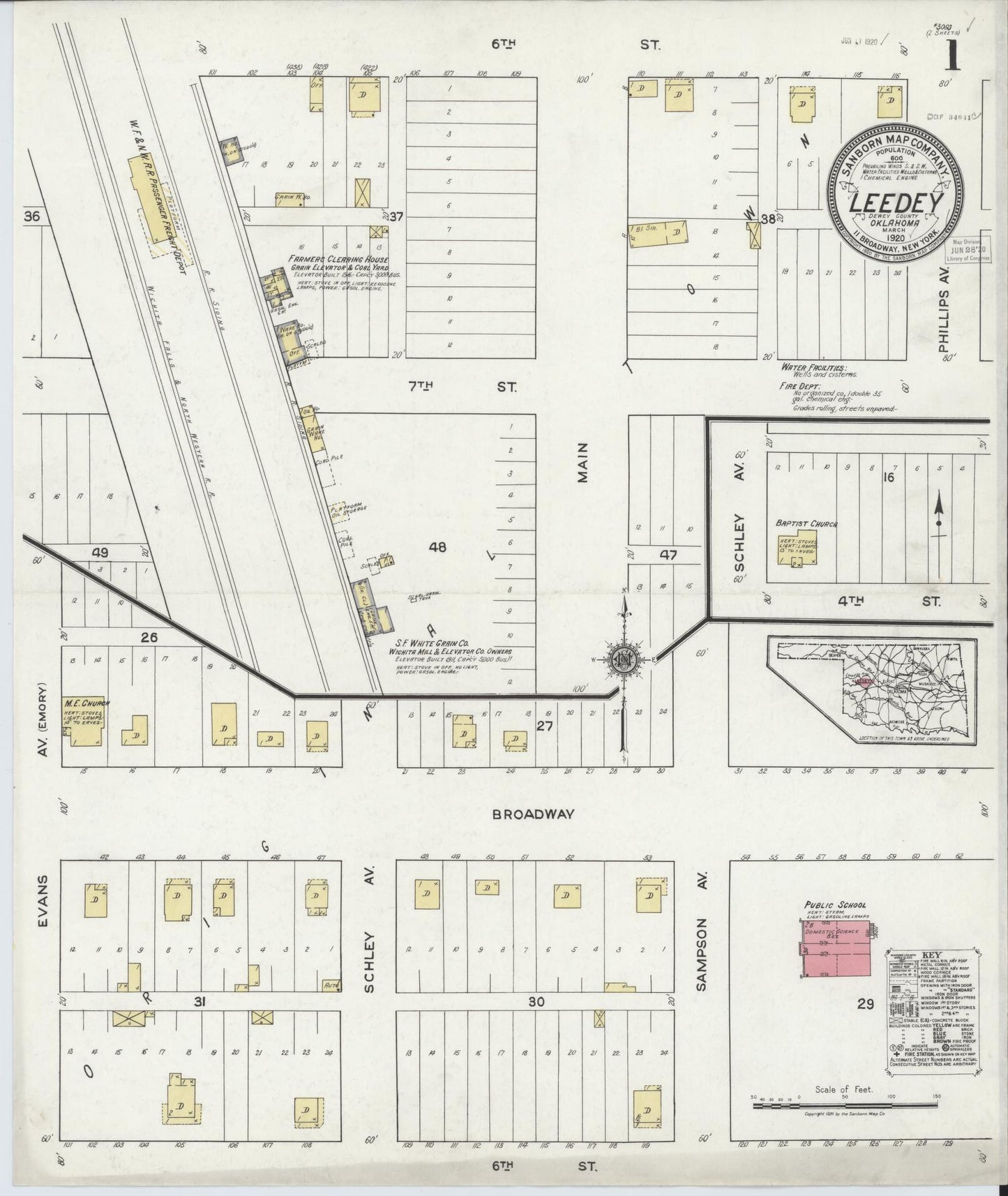 Sanborn Fire Insurance Map from Leedey, Dewey County, Oklahoma (1920), Sheet #0001 - Historic Sanborn Fire Insurance Map Print, vintage old map wall art, antique decor, genealogy gift, Oklahoma Oklahoma map