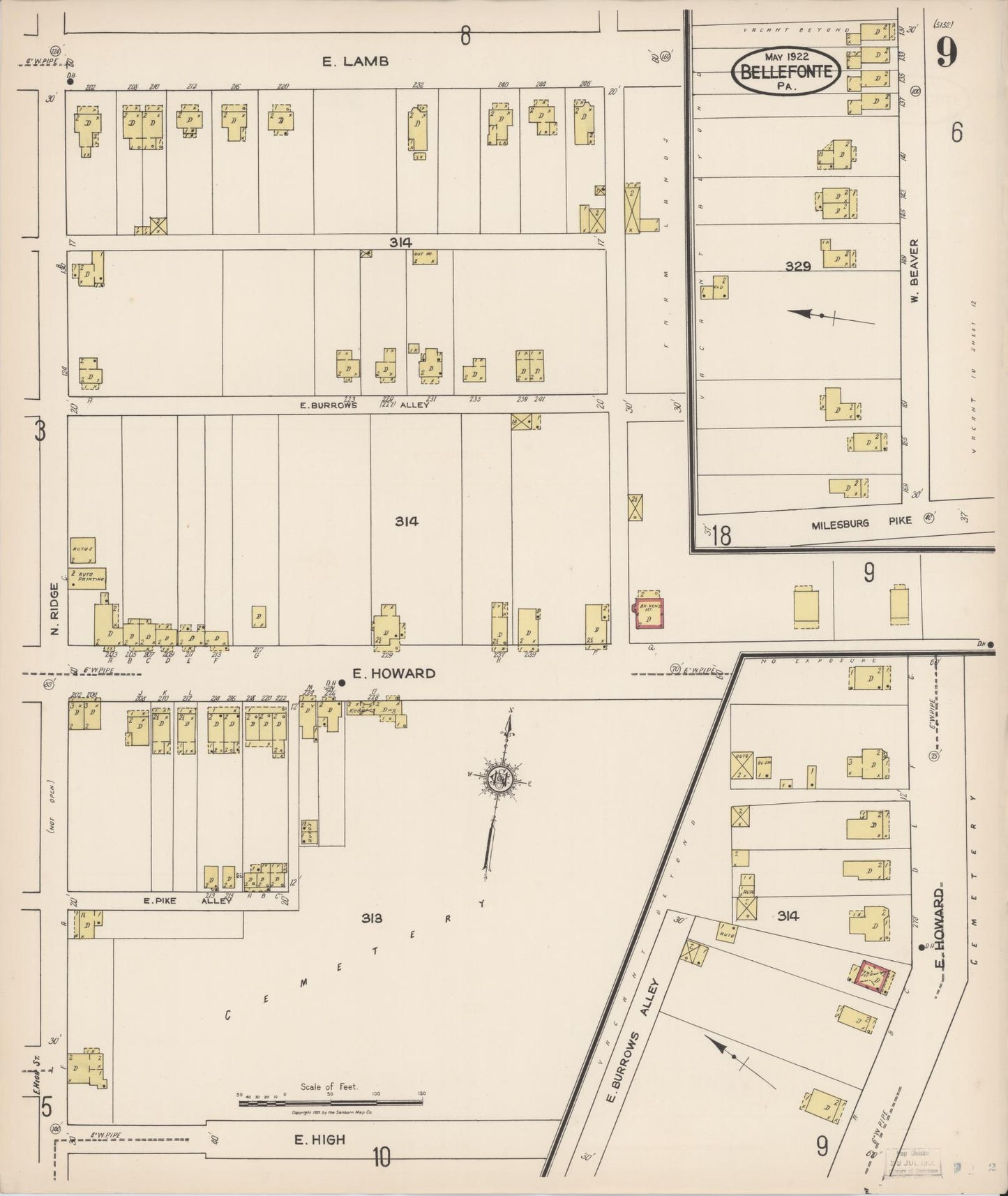 Sanborn Fire Insurance Map from Bellefonte, Centre County, Pennsylvania (1922), Sheet #0009 - Historic Sanborn Fire Insurance Map Print, vintage old map wall art, antique decor, genealogy gift, Pennsylvania Pennsylvania map