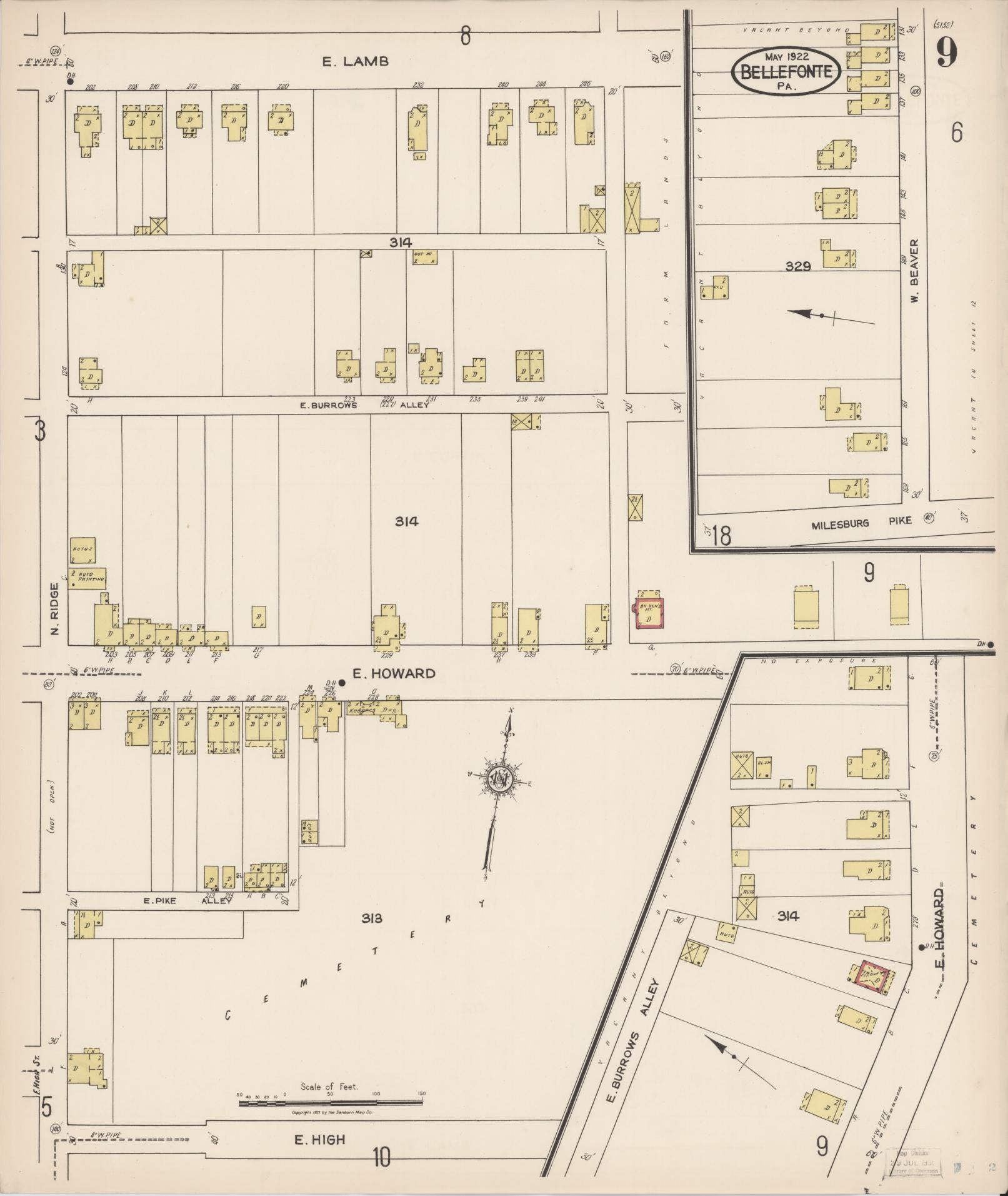 Sanborn Fire Insurance Map from Bellefonte, Centre County, Pennsylvania (1922), Sheet #0009 - Historic Sanborn Fire Insurance Map Print, vintage old map wall art, antique decor, genealogy gift, Pennsylvania Pennsylvania map
