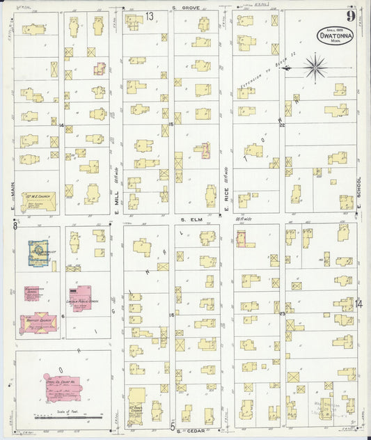 Sanborn Fire Insurance Map from Owatonna, Steele County, Minnesota (1909), Sheet #0009 - Historic Sanborn Fire Insurance Map Print, vintage old map wall art, antique decor, genealogy gift, Minnesota Minnesota map
