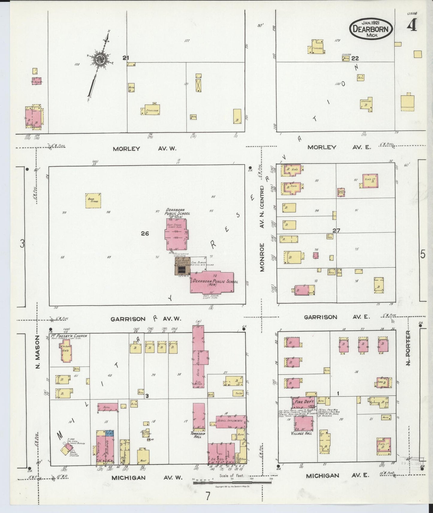 Sanborn Fire Insurance Map from Dearborn, Wayne County, Michigan (1921), Sheet #0004 - Historic Sanborn Fire Insurance Map Print, vintage old map wall art, antique decor, genealogy gift, Michigan Michigan map