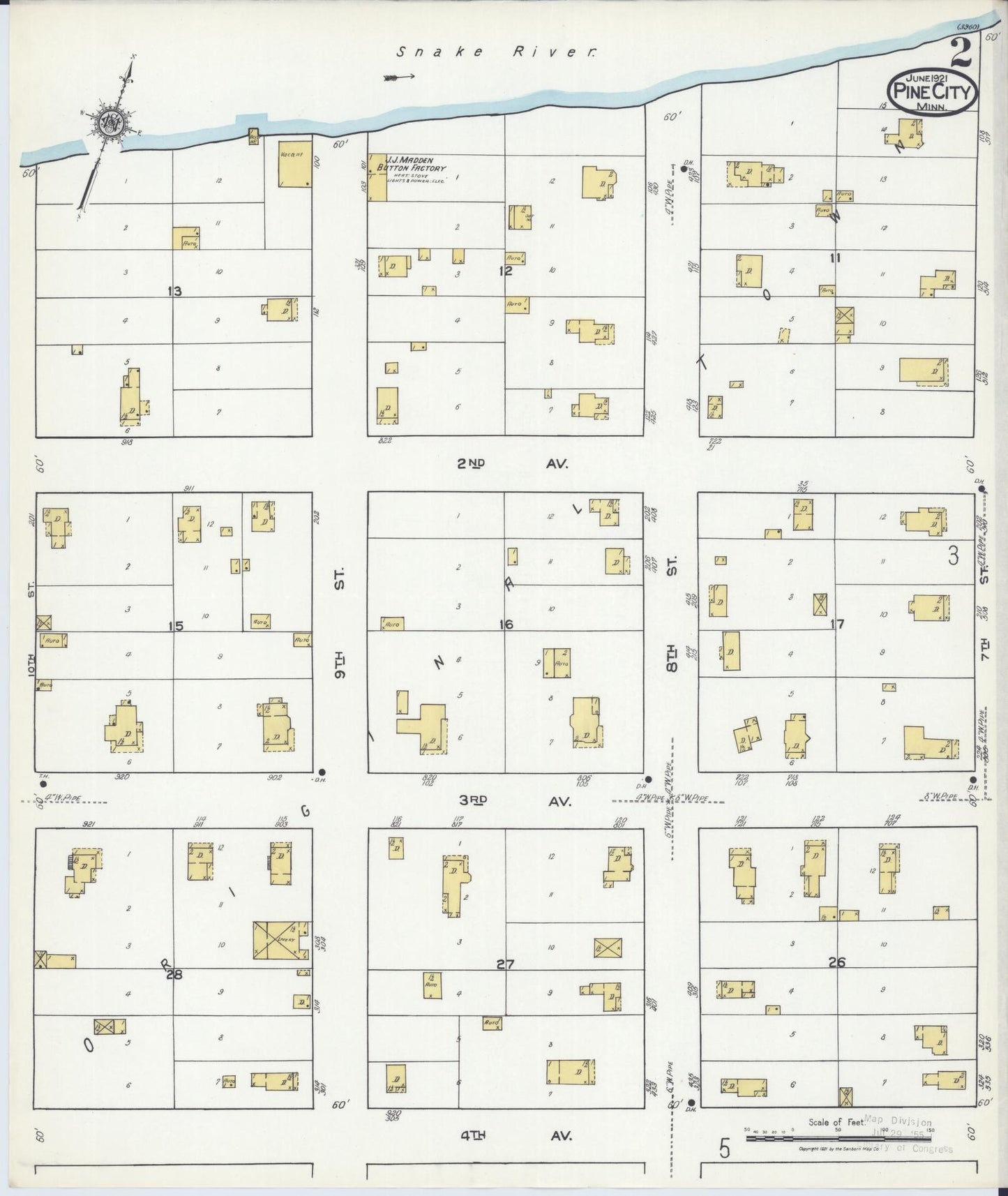 Sanborn Fire Insurance Map from Pine City, Pine County, Minnesota (1921), Sheet #0002 - Complete Map Set gallery image, historic Sanborn map, vintage wall art, Minnesota Minnesota