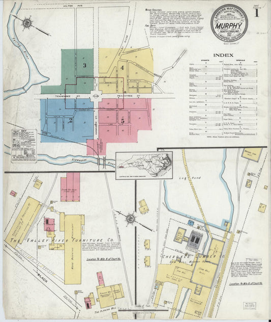 Sanborn Fire Insurance Map from Murphy, Cherokee County, North Carolina (1921), Sheet #0001 - Complete Map Set gallery image, historic Sanborn map, vintage wall art, North Carolina North Carolina