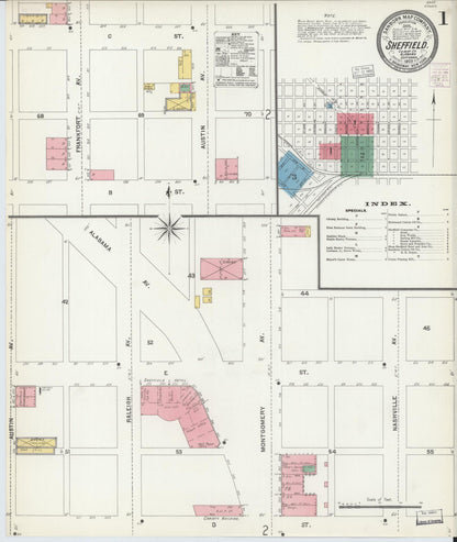 Sanborn Fire Insurance Map from Sheffield, Colbert County, Alabama (1903), Sheet #0001 - Complete Map Set gallery image, historic Sanborn map, vintage wall art, Alabama Alabama