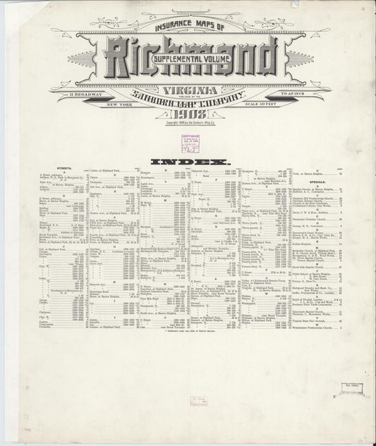 Sanborn Fire Insurance Map from Richmond, Independent Cities, Virginia (1908), Sheet #0001 - Historic Sanborn Fire Insurance Map Print, vintage old map wall art, antique decor, genealogy gift, Virginia Virginia map