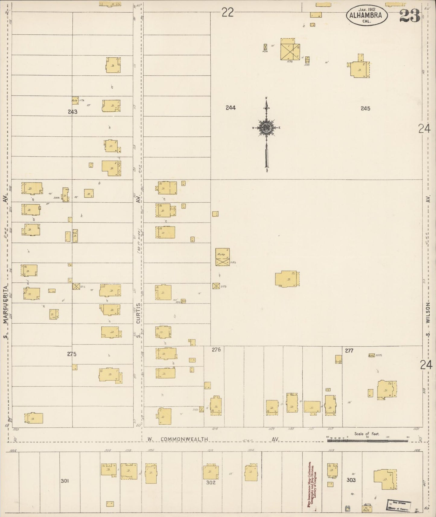 Sanborn Fire Insurance Map from Alhambra, Los Angeles County, California (1912), Sheet #0023 - Historic Sanborn Fire Insurance Map Print, vintage old map wall art, antique decor, genealogy gift, California California map