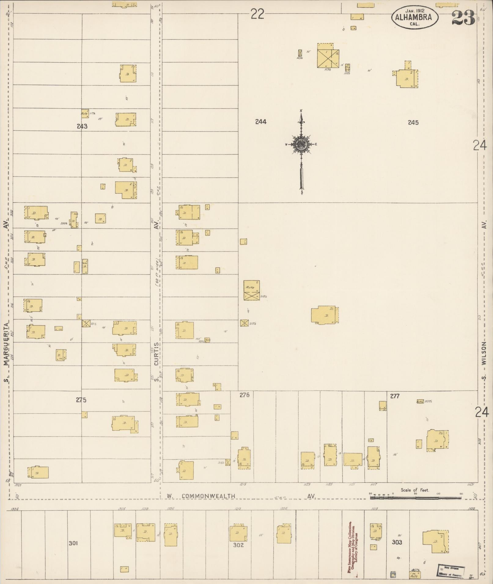 Sanborn Fire Insurance Map from Alhambra, Los Angeles County, California (1912), Sheet #0023 - Historic Sanborn Fire Insurance Map Print, vintage old map wall art, antique decor, genealogy gift, California California map