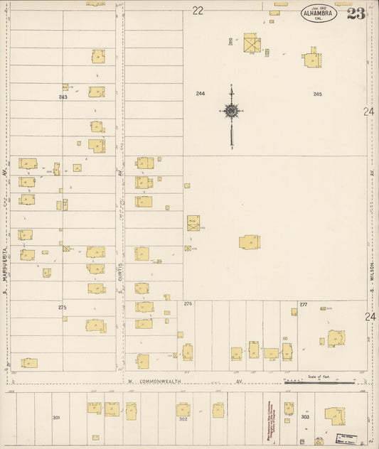 Sanborn Fire Insurance Map from Alhambra, Los Angeles County, California (1912), Sheet #0023 - Historic Sanborn Fire Insurance Map Print, vintage old map wall art, antique decor, genealogy gift, California California map
