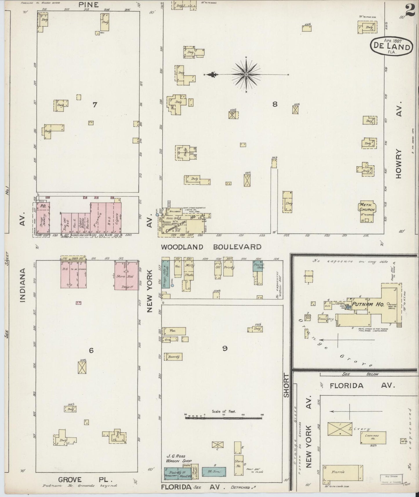 Sanborn Fire Insurance Map from De Land, Volusia County, Florida (1887), Sheet #0002 - Historic Sanborn Fire Insurance Map Print, vintage old map wall art, antique decor, genealogy gift, Florida Florida map