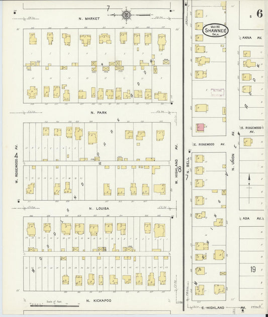 Sanborn Fire Insurance Map from Shawnee, Pottawatomie County, Oklahoma (1912), Sheet #0006 - Historic Sanborn Fire Insurance Map Print, vintage old map wall art, antique decor, genealogy gift, Oklahoma Oklahoma map