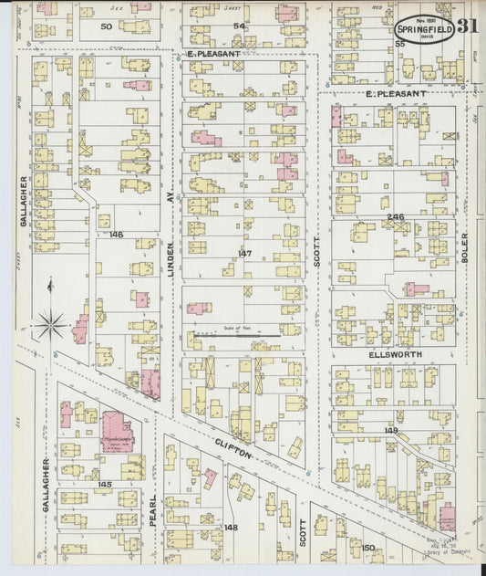 Sanborn Fire Insurance Map from Springfield, Clark County, Ohio (1891), Sheet #0031 - Historic Sanborn Fire Insurance Map Print, vintage old map wall art, antique decor, genealogy gift, Ohio Ohio map