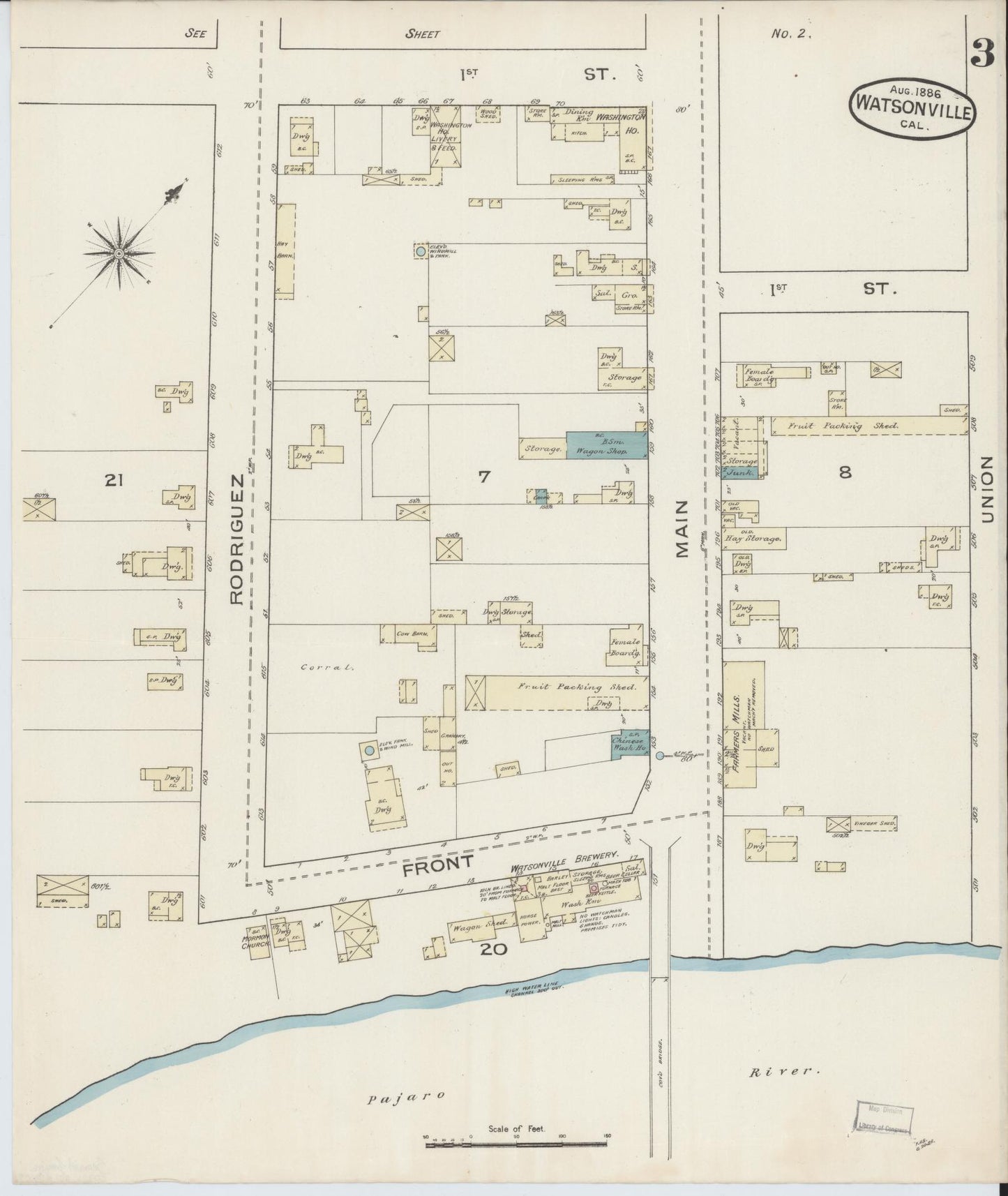 Sanborn Fire Insurance Map from Watsonville, Santa Cruz County, California (1886), Sheet #0003 - Complete Map Set gallery image, historic Sanborn map, vintage wall art, California California