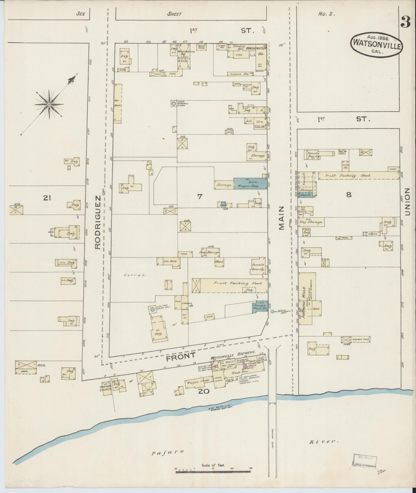 Sanborn Fire Insurance Map from Watsonville, Santa Cruz County, California (1886), Sheet #0003 - Complete Map Set gallery image, historic Sanborn map, vintage wall art, California California