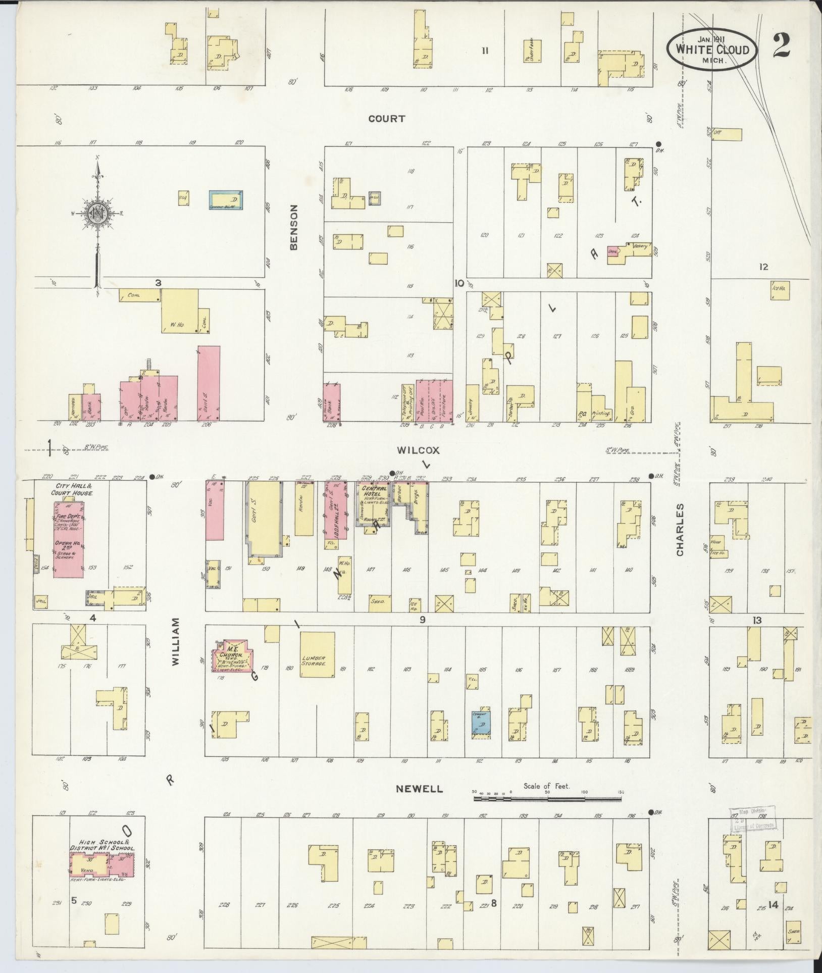 Sanborn Fire Insurance Map from White Cloud, Newaygo County, Michigan (1911), Sheet #0002 - Historic Sanborn Fire Insurance Map Print, vintage old map wall art, antique decor, genealogy gift, Michigan Michigan map