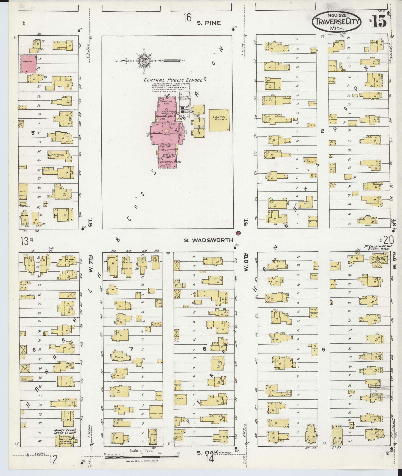 Sanborn Fire Insurance Map from Traverse City, Grand Traverse County, Michigan (1920), Sheet #0015 - Historic Sanborn Fire Insurance Map Print, vintage old map wall art, antique decor, genealogy gift, Michigan Michigan map