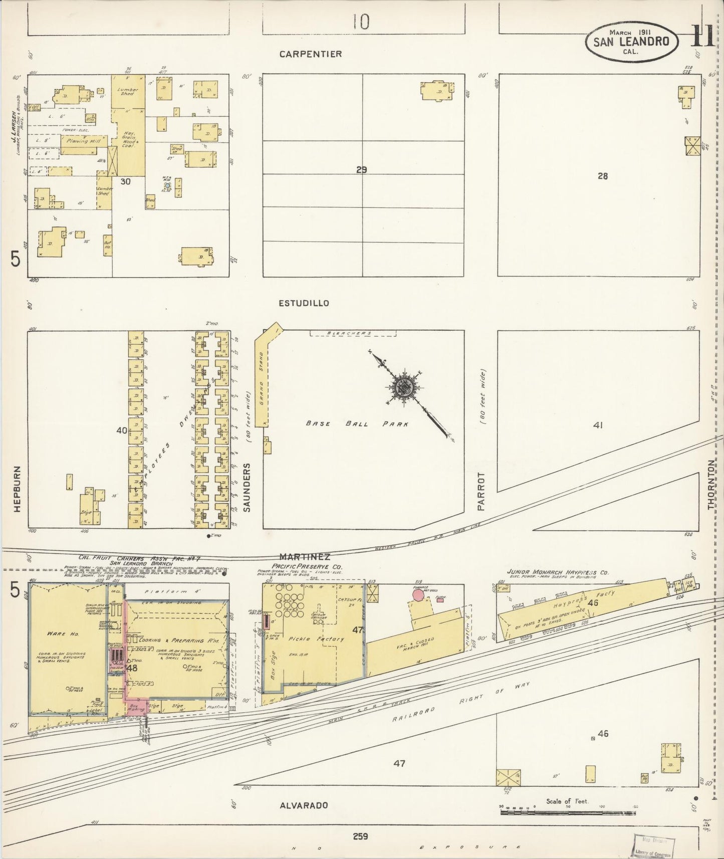 Sanborn Fire Insurance Map from San Leandro, Alameda County, California (1911), Sheet #0011 - Complete Map Set gallery image, historic Sanborn map, vintage wall art, California California