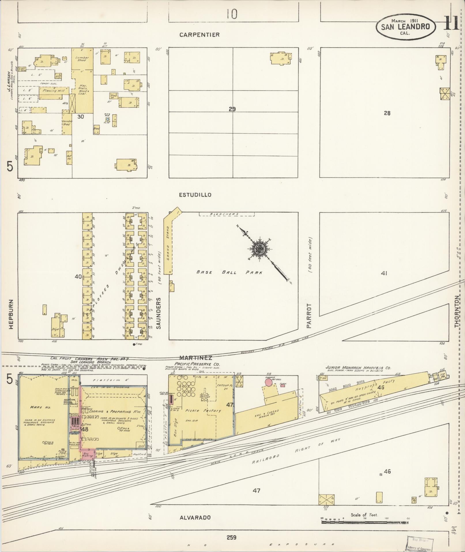 Sanborn Fire Insurance Map from San Leandro, Alameda County, California (1911), Sheet #0011 - Complete Map Set gallery image, historic Sanborn map, vintage wall art, California California