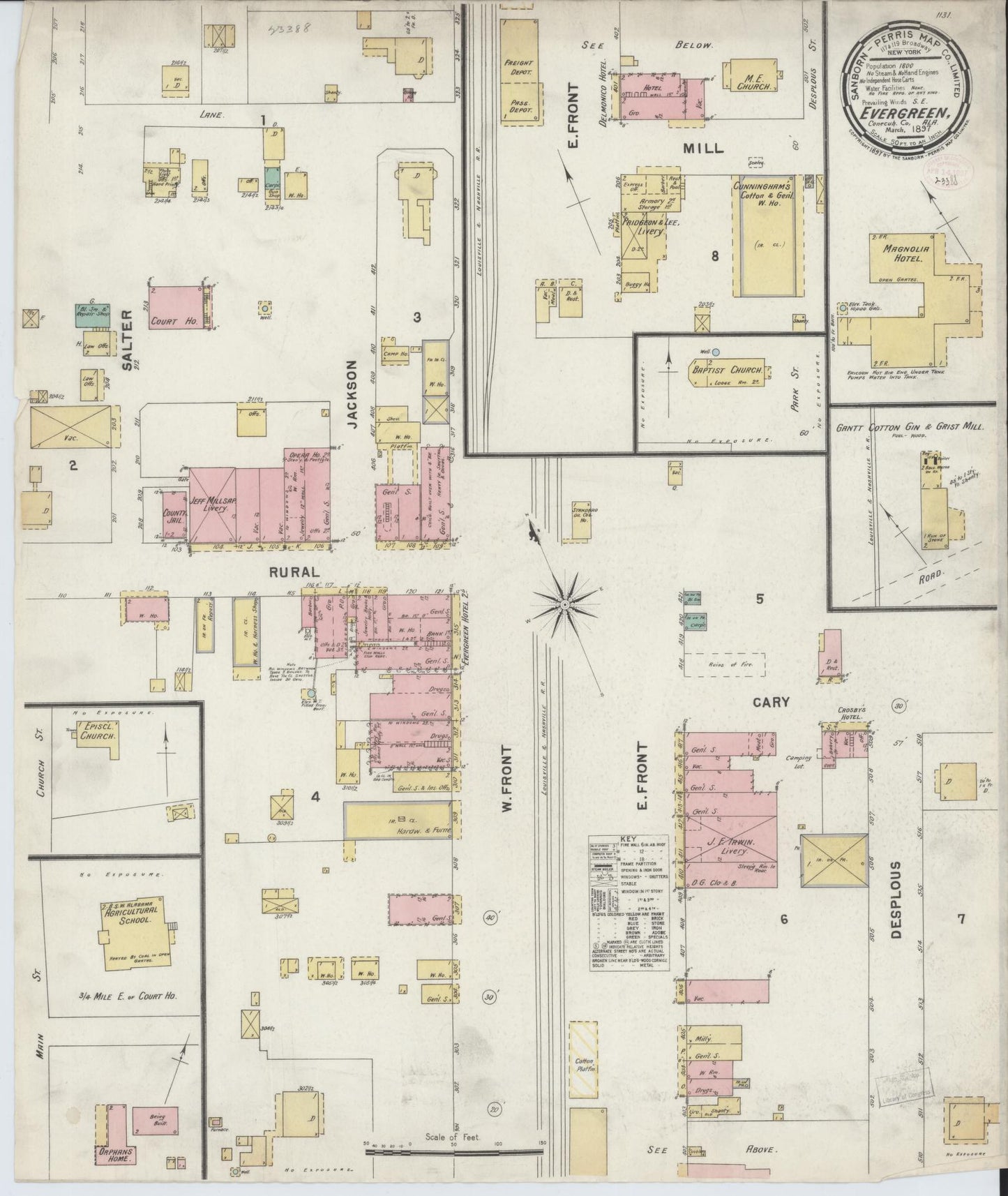 Sanborn Fire Insurance Map from Evergreen, Conecuh County, Alabama (1897), Sheet #0001 - Historic Sanborn Fire Insurance Map Print, vintage old map wall art, antique decor, genealogy gift, Alabama Alabama map