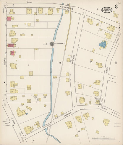 Sanborn Fire Insurance Map from Laurens, Laurens County, South Carolina (1922), Sheet #0008 - Complete Map Set gallery image, historic Sanborn map, vintage wall art, South Carolina South Carolina