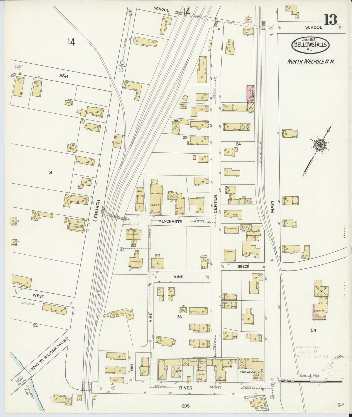 Sanborn Fire Insurance Map from Bellows Falls, Windham County, Vermont (1912), Sheet #0013 - Historic Sanborn Fire Insurance Map Print, vintage old map wall art, antique decor, genealogy gift, Vermont Vermont map