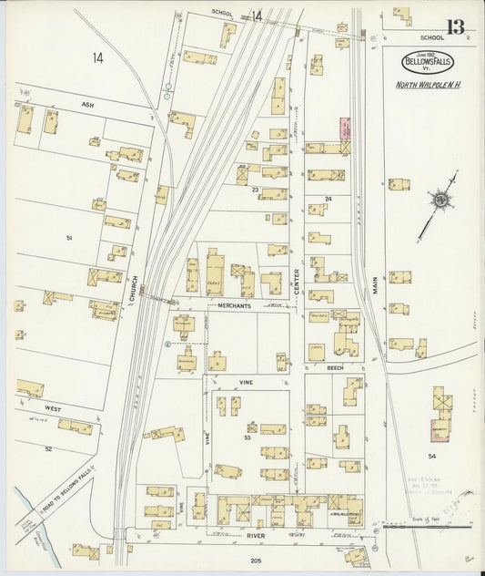 Sanborn Fire Insurance Map from Bellows Falls, Windham County, Vermont (1912), Sheet #0013 - Historic Sanborn Fire Insurance Map Print, vintage old map wall art, antique decor, genealogy gift, Vermont Vermont map