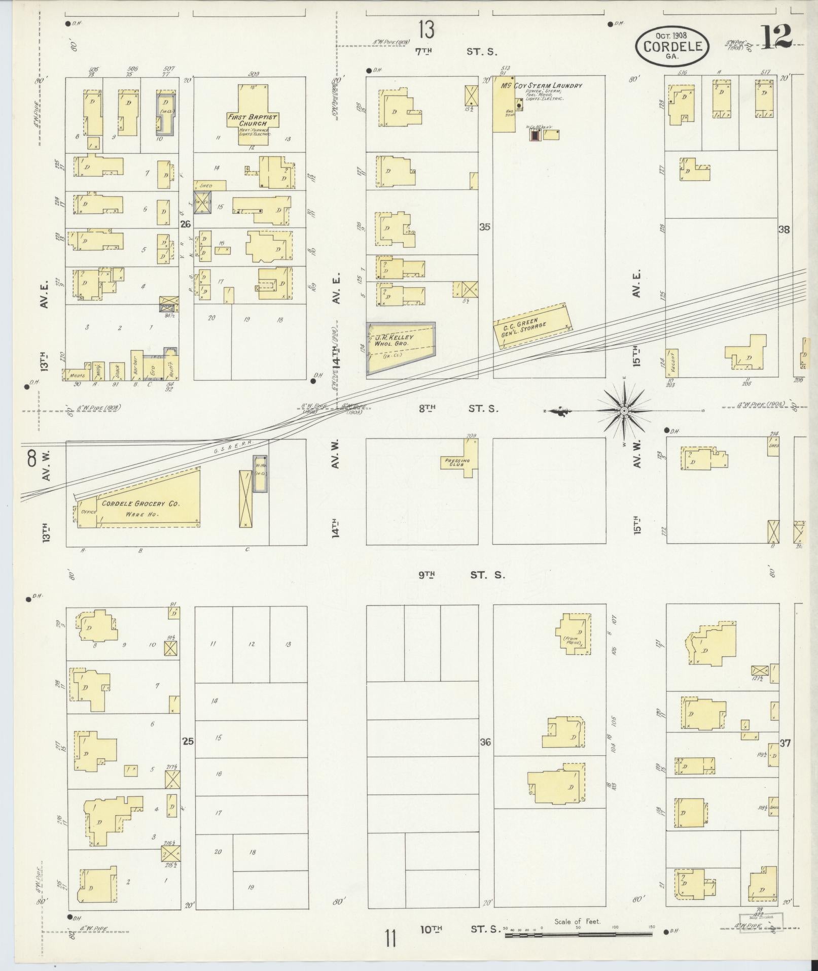 Sanborn Fire Insurance Map from Cordele, Crisp County, Georgia (1908), Sheet #0012 - Complete Map Set gallery image, historic Sanborn map, vintage wall art, Georgia Georgia