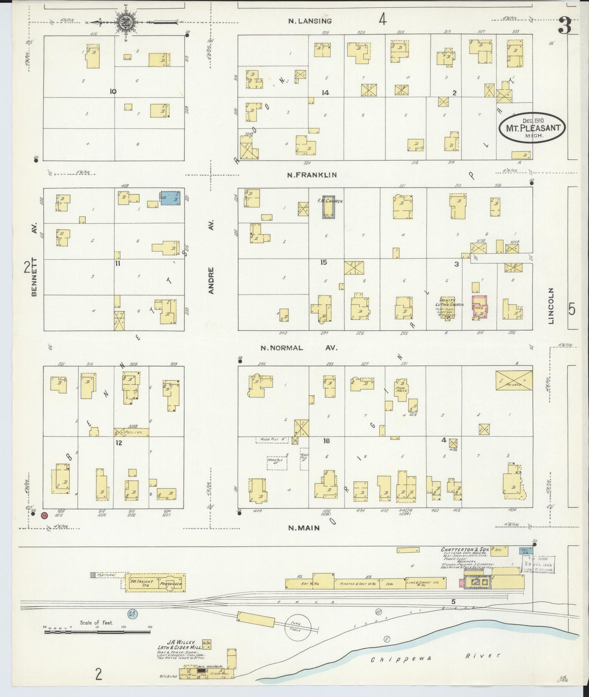 Sanborn Fire Insurance Map from Mount Pleasant, Isabella County, Michigan (1910), Sheet #0003 - Historic Sanborn Fire Insurance Map Print, vintage old map wall art, antique decor, genealogy gift, Michigan Michigan map