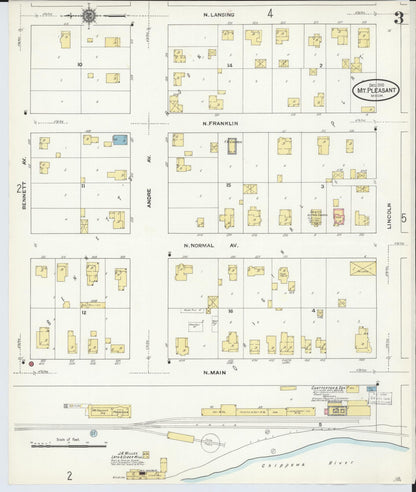Sanborn Fire Insurance Map from Mount Pleasant, Isabella County, Michigan (1910), Sheet #0003 - Historic Sanborn Fire Insurance Map Print, vintage old map wall art, antique decor, genealogy gift, Michigan Michigan map
