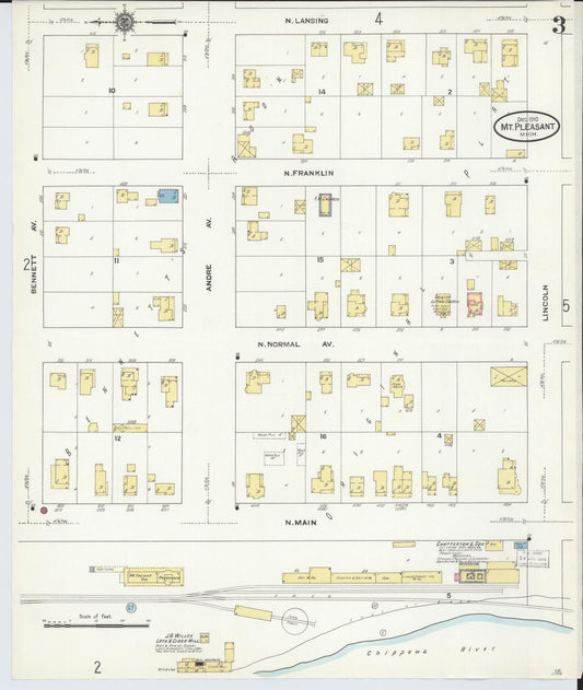 Sanborn Fire Insurance Map from Mount Pleasant, Isabella County, Michigan (1910), Sheet #0003 - Historic Sanborn Fire Insurance Map Print, vintage old map wall art, antique decor, genealogy gift, Michigan Michigan map